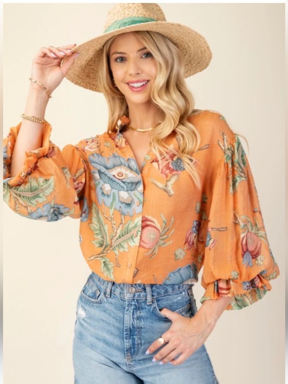 NWT- GIGIO Floral Button-Front Peasant Blouse - Orange
